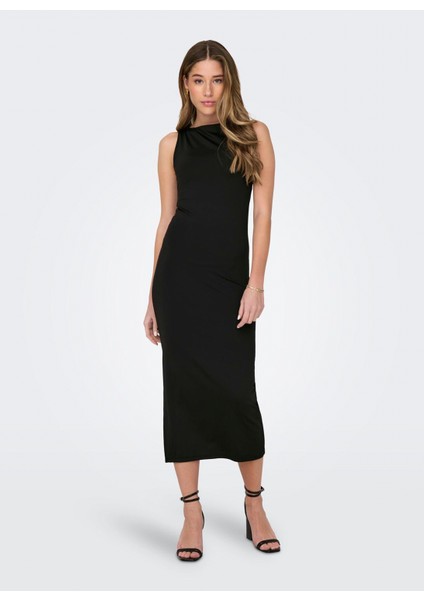 O Yaka Düz Siyah Standart Kadın Elbise Onlea S/l Long Slıt Dress Jrs Now indirimleri