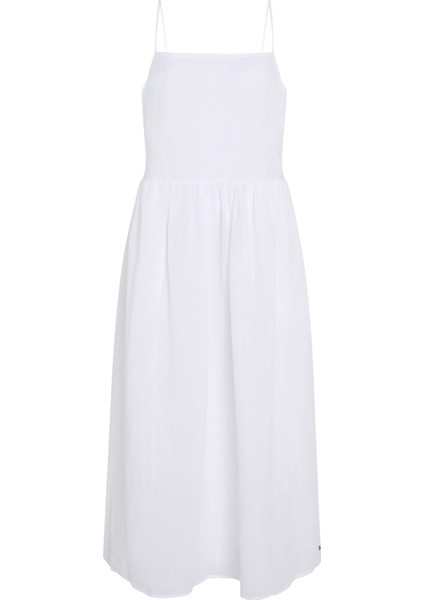 Kare Yaka Düz Beyaz Uzun Kadın Elbise Lınen Mıdı Slıp Dress