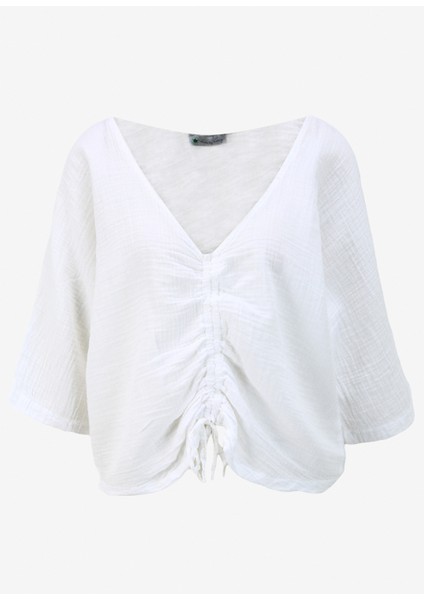 V Yaka Düz Beyaz Bluz 3211048