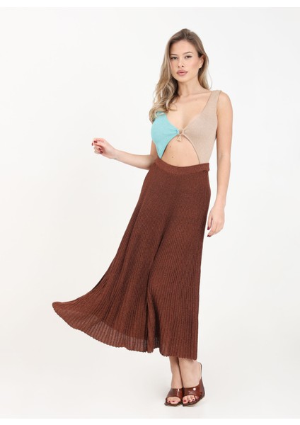 V Yaka Çok Renkli Uzun Kadın Elbise VSKD05017