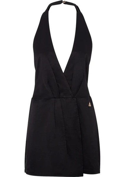 V Yaka Düz Siyah Kısa Kadın Elbise VSKD05130