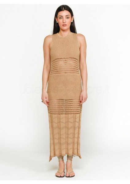 Yuvarlak Yaka Düz Bej Uzun Kadın Elbise VSKD05053