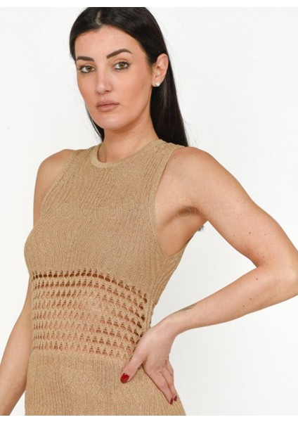 Yuvarlak Yaka Düz Bej Uzun Kadın Elbise VSKD05053 modelleri