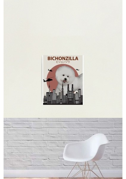 Bichonzilla - Dev Bichon Frise Köpek Canavarı Tablo Ahşap Poster Dekoratif