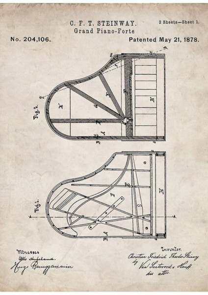 Steinway Kuyruklu Piyano Patenti - Piyano Çalar Sanatı - Antik Tablo Ahşap Poster Dekoratif