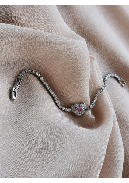Kalp Model Pembe Zirkon Taşlı Silver Çelik Bileklik