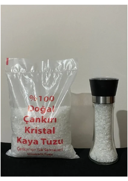 Doğal Çankırı granül Kaya Tuzu 1 kg + Seramik Bıçaklı Baharat ve Tuz Değirmeni Öğütücü