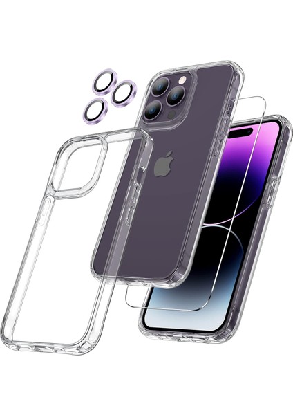 Apple iPhone 14 Pro Max Şeffaf Kılıf, Kamera Lens Koruyucu, Cam Ekran Koruyucu 3'in 1 Süper Set