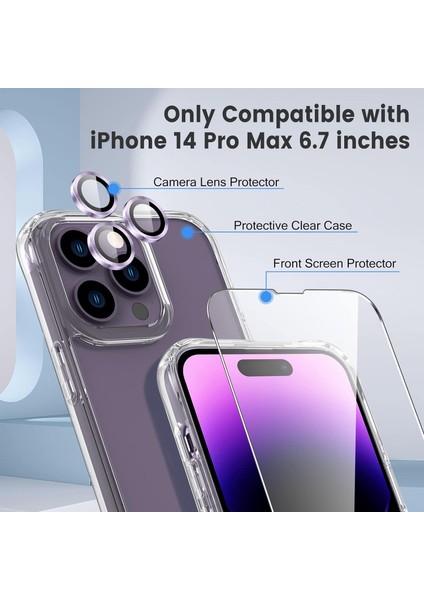 Apple iPhone 14 Pro Max Şeffaf Kılıf, Kamera Lens Koruyucu, Cam Ekran Koruyucu 3'in 1 Süper Set