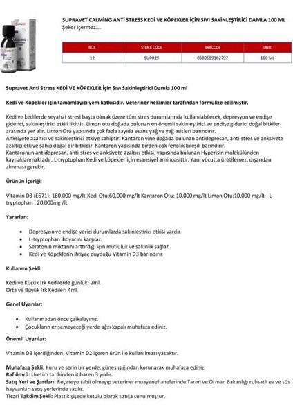 Calming Anti Stress Kedi ve Köpekler Için Sıvı Sakinleştirici Damla 100 ml fiyatları