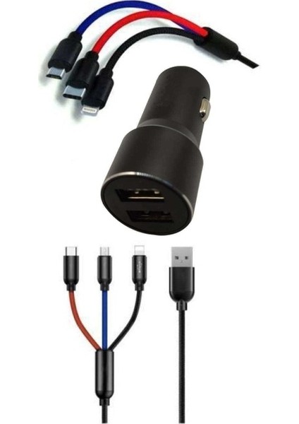 Çoklu Hızlı Şarj Kablosu ve Seyahat Araç Şarj Soketi Type-C Mikro Iphone Uyumlu 1.2 Metre 3A