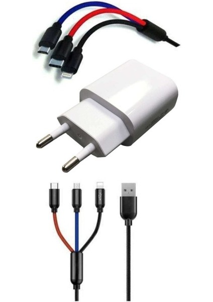 Çoklu Hızlı Şarj Kablosu ve Hızlı Şarj Soketi Type-C Mikro Iphone Uyumlu 1.2 Metre 3A