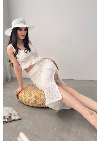 Fırfır Detaylı Crop Bluz ve Yırtmaç Detaylı Etek Triko Ikili Takım DFL4003