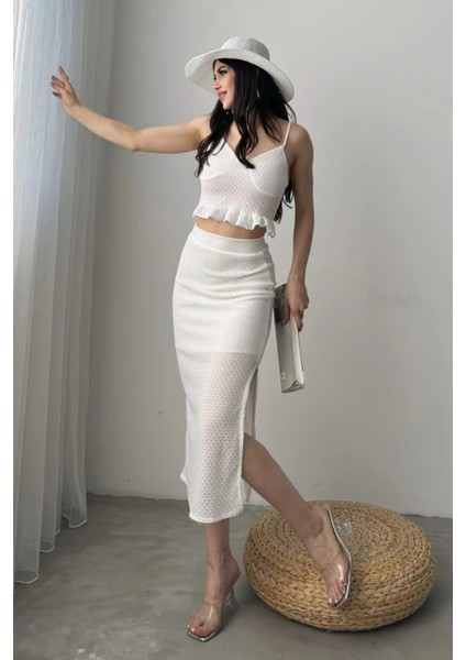 Fırfır Detaylı Crop Bluz ve Yırtmaç Detaylı Etek Triko Ikili Takım DFL4003