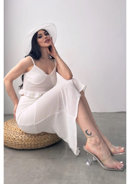 Fırfır Detaylı Crop Bluz ve Yırtmaç Detaylı Etek Triko Ikili Takım DFL4003