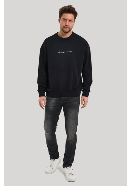 Bisiklet Yaka Siyah Slim Fit Sweatshirt 23FWM60168