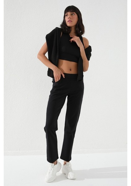 Siyah Taş Detaylı Cepli Rahat Form Klasik Paça Kadın Eşofman Altı - 94007