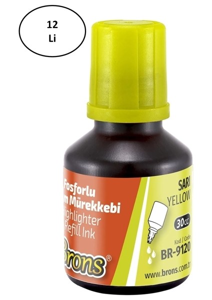 Sarı Fosforlu Kalem Mürekkebi 30 ml Sarı 12'li