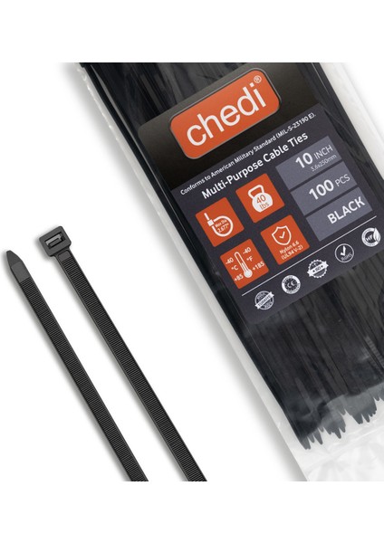 chedi Kablo Bağı 3,6x250 mm 100'lü Paket Çok Amaçlı Kablo Bağları, 25 cm Premium Kalite Siyah Kablo Klipsi, Plastik Kelepçe