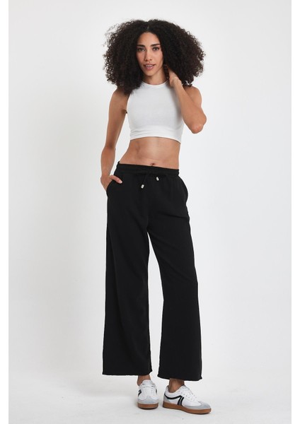 Kadın Palazzo Comfort Beli Lastikli Pamuklu Baggy Pantolon Siyah