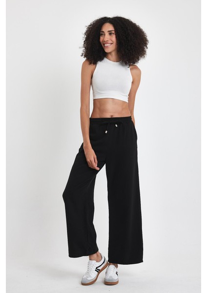 Kadın Palazzo Comfort Beli Lastikli Pamuklu Baggy Pantolon Siyah modelleri
