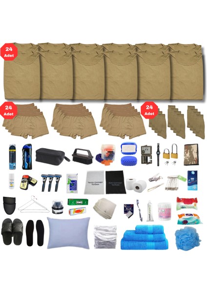 24'lü Her Şey Dahil Bedelli Askerlik Seti - Haki Fanila, Boxer, Çorap, 45 Parça Askeri Malzeme 2024