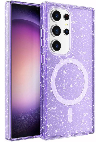 Galaxy Uyumlu S24 Ultra Kılıf Magsafe Şarj Özellikli Parlayan Simli Saydam Renkli Allstar Kapak-Mor