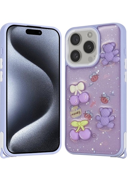 Apple iPhone Uyumlu 15 Pro Kılıf Parlayan Simli Kabartma Figürlü Cevze Kapak-Mor Ayı
