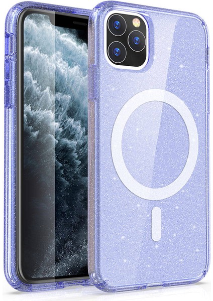 Apple iPhone Uyumlu 11 Kılıf Magsafe Şarj Özellikli Parlayan Simli Saydam Renkli Allstar Kapak-Mor