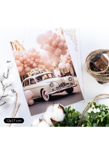 Söz, Nişan, Düğün Kartı, Not Yazılabilir, Balonlar ve Çiçek Süslemeli Araba, 12X17 cm 5 Adet