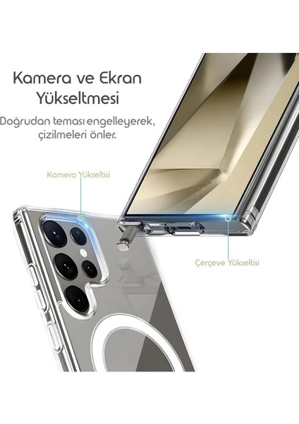 Galaxy S24 Ultra Uyumlu 3D Kamera Lens Korumalı Magsafe Şeffaf Sararmaz Darbe Emici Case