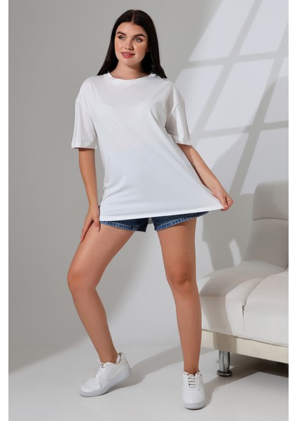 Oversize Bisiklet Yaka Pamuk Penye Kompakt Basic T-Shirt 21752 Ekru