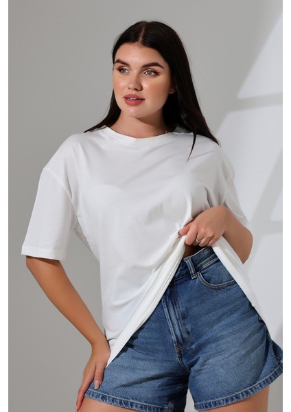 Oversize Bisiklet Yaka Pamuk Penye Kompakt Basic T-Shirt 21752 Ekru fiyatları