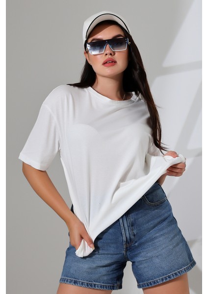Oversize Bisiklet Yaka Pamuk Penye Kompakt Basic T-Shirt 21752 Ekru modelleri