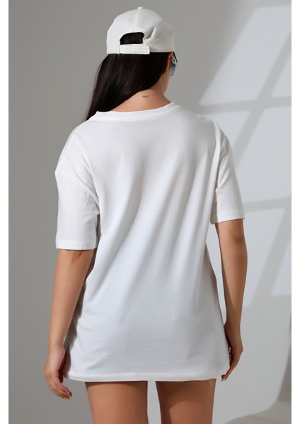 Oversize Bisiklet Yaka Pamuk Penye Kompakt Basic T-Shirt 21752 Ekru fırsatları