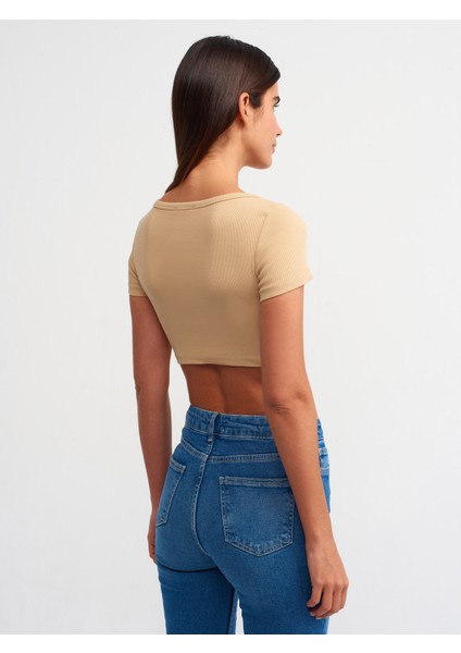 30876 Kısa Kollu Crop Top-Camel
