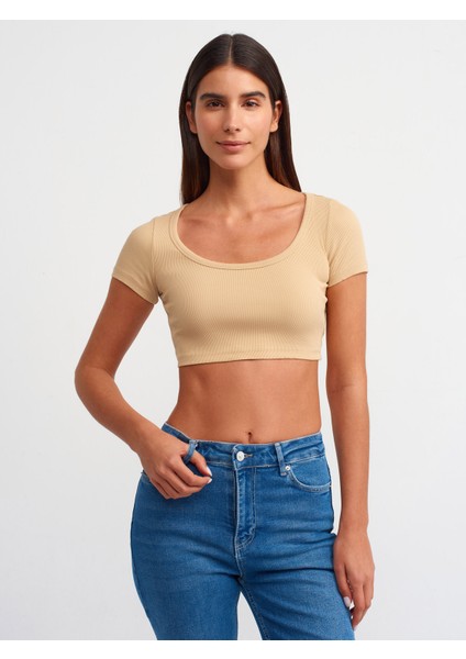 30876 Kısa Kollu Crop Top-Camel
