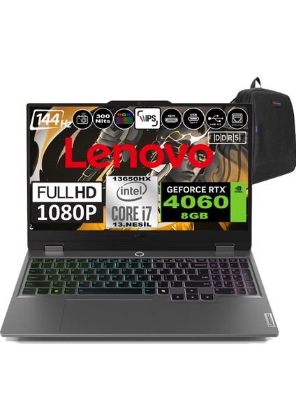 Loq 15IRX9 Intel Core I7 13650HX Ddr5 96GB 512GB SSD RTX4060-8GB 300NITS 15.6" 144Hz Fhd Freedos Taşınabilir Bilgisayar 83DV00HNTRF13 + Zetta Çanta