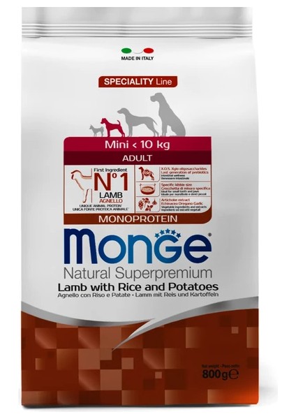 Dog Speciality Line Monoprotein Mini Pirinç Patates ve Kuzu Etli Küçük Irk Yetişkin Köpek Maması 800 gr