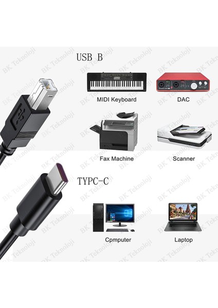 BK Teknoloji Type-C To Usb-B Midi - Yazıcı Kablosu 1.5 Metre -Siyah