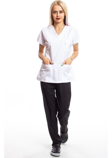 Alpaka Üst Beyaz Alt Siyah Cerrahi Doktor Hemşire Scrubs Forma Takım