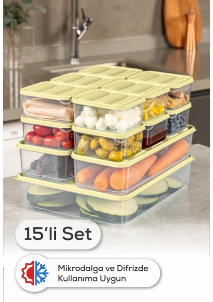 15’li Buzdolabı Dondurucu Organizer Mikrodalga ve Difrize Uygun Saklama Kabı Sarı 12x(350ML) 2x(1,65LT) 1x(3,5LT)