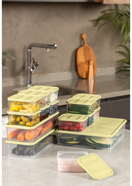 15’li Buzdolabı Dondurucu Organizer Mikrodalga ve Difrize Uygun Saklama Kabı Sarı 12x(350ML) 2x(1,65LT) 1x(3,5LT)