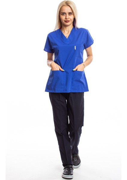 Üst Saks Mavisi Alt Lacivert Cerrahi Doktor Hemşire Scrubs Forma Takım