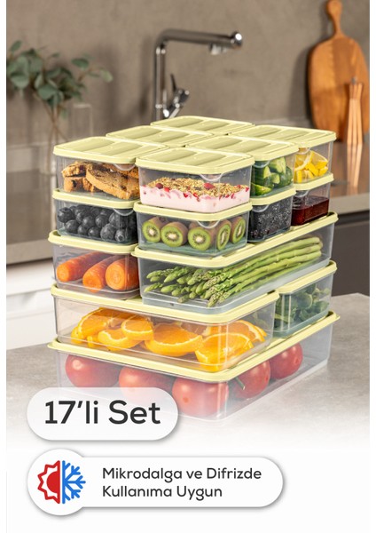17’li Buzdolabı Dondurucu Organizer Mikrodalga ve Difrize Uygun Saklama Kabı Sarı 12x(350ML) 2x(1,65LT) 2x(1,75LT) 1x(3,5LT)