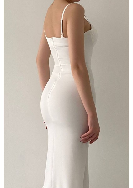 Julidress Beyaz Groplu askılı Eteği Volanlı Premium Uzun Elbise fiyatları