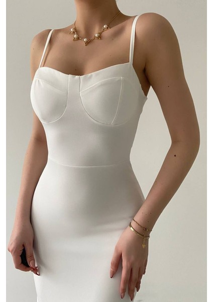 Julidress Beyaz Groplu askılı Eteği Volanlı Premium Uzun Elbise modelleri