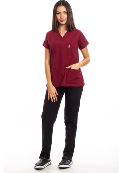 Üst Bordo Alt Siyah Cerrahi Doktor Hemşire Scrubs Forma Takım