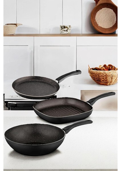 Ragnar 3 Parça Tava Seti 3 Lü Çeyiz Tava Set; Wok, Grill, Krep Tava