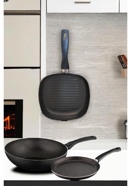 Ragnar 3 Parça Tava Seti 3 Lü Çeyiz Tava Set; Wok, Grill, Krep Tava